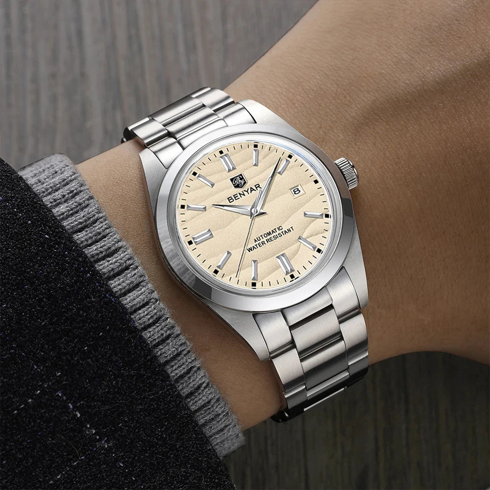 BENYAR luxury brand 40MM sand grain dial men's watch, stainless steel 50 meter waterproof automatic mechanical watch