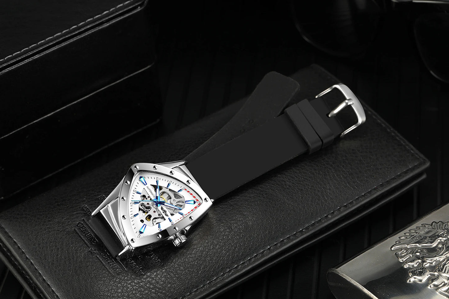 WINNER High Quality Watch for Men Triangle Steel Skeleton Mechanical Automatic Movement Clockwork Waterproof Rubber strap Wrist