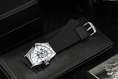 WINNER High Quality Watch for Men Triangle Steel Skeleton Mechanical Automatic Movement Clockwork Waterproof Rubber strap Wrist