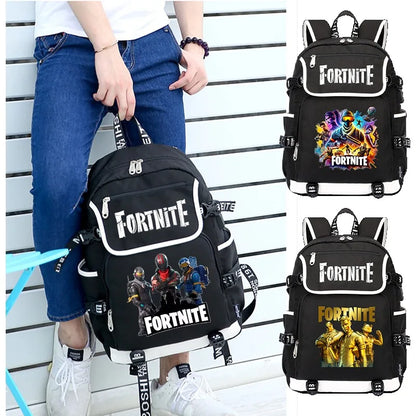 Mochila Fortnite de Grande Capacidade, Saco de Ombro Casual com Porta USB, Unissexo, Estilo Anime, para Estudantes, Nova Mala Escolar Elegante, Presente de Papelaria