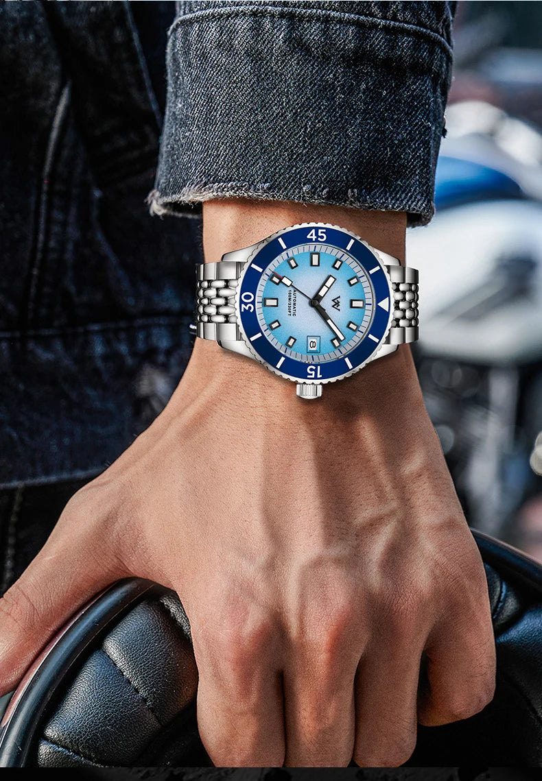 WM Watch Automatic Mechanical Diver Watches Men Sparkle Grain Gradient Dial Ceramic Bezel NH35 AR Coated Welly Merck Watch WM212