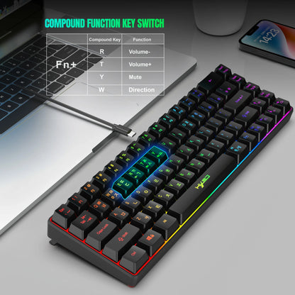 Teclado gaming coreano portátil HXSJ V200 de 68 teclas, 65%, com retroiluminação RGB, com fios, de membrana, para escritório, PC de secretária e computadores portáteis