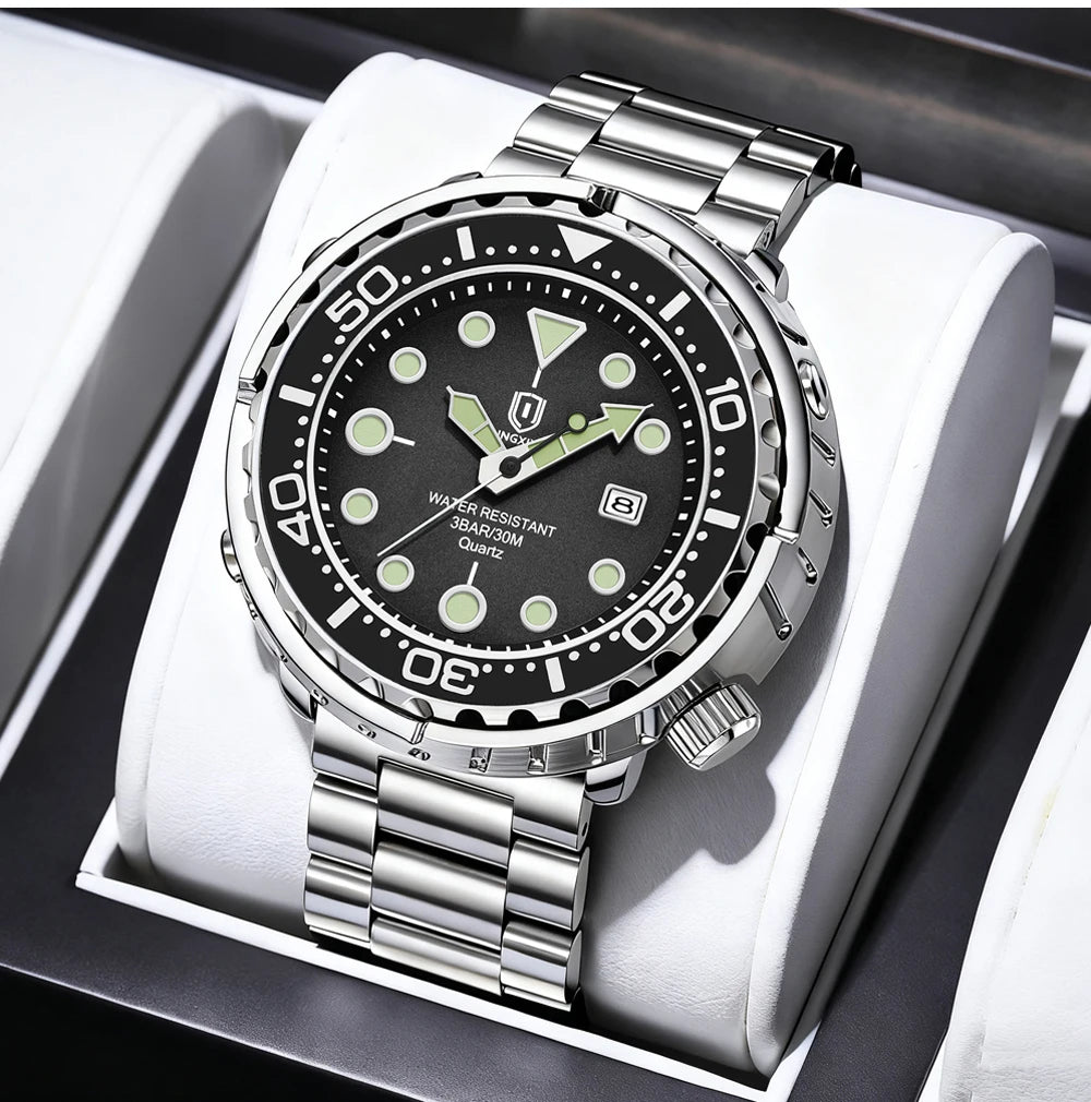 QINGXIYA Mens Watches Fashion Waterproof Luminous Date Rotating Dial High Quality Stainless Steel Luxury Brand Men Quartz Watch