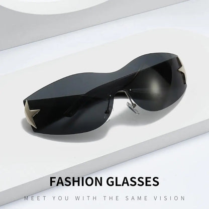 Rimless Y2K Sunglasses Women Men Punk Goggle Trendy Shield Sun Glasses UV400 3D Five Star Rhinestones Eyewear 2024