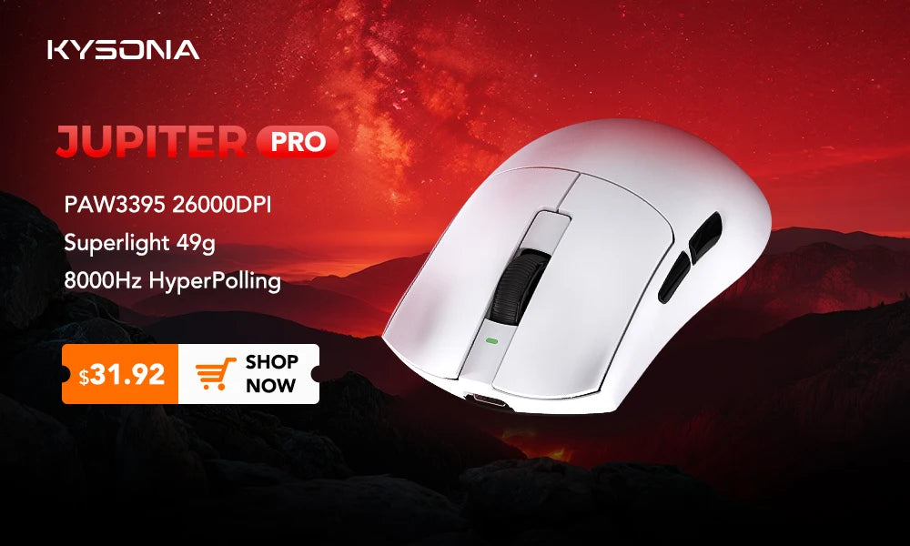 KYSONA Jupiter Series Gaming-Maus kabelgebunden/kabellos 8Khz PAW3950-Sensor Bluetooth 46g wiederaufladbar Web-Treiber für PC und Laptop