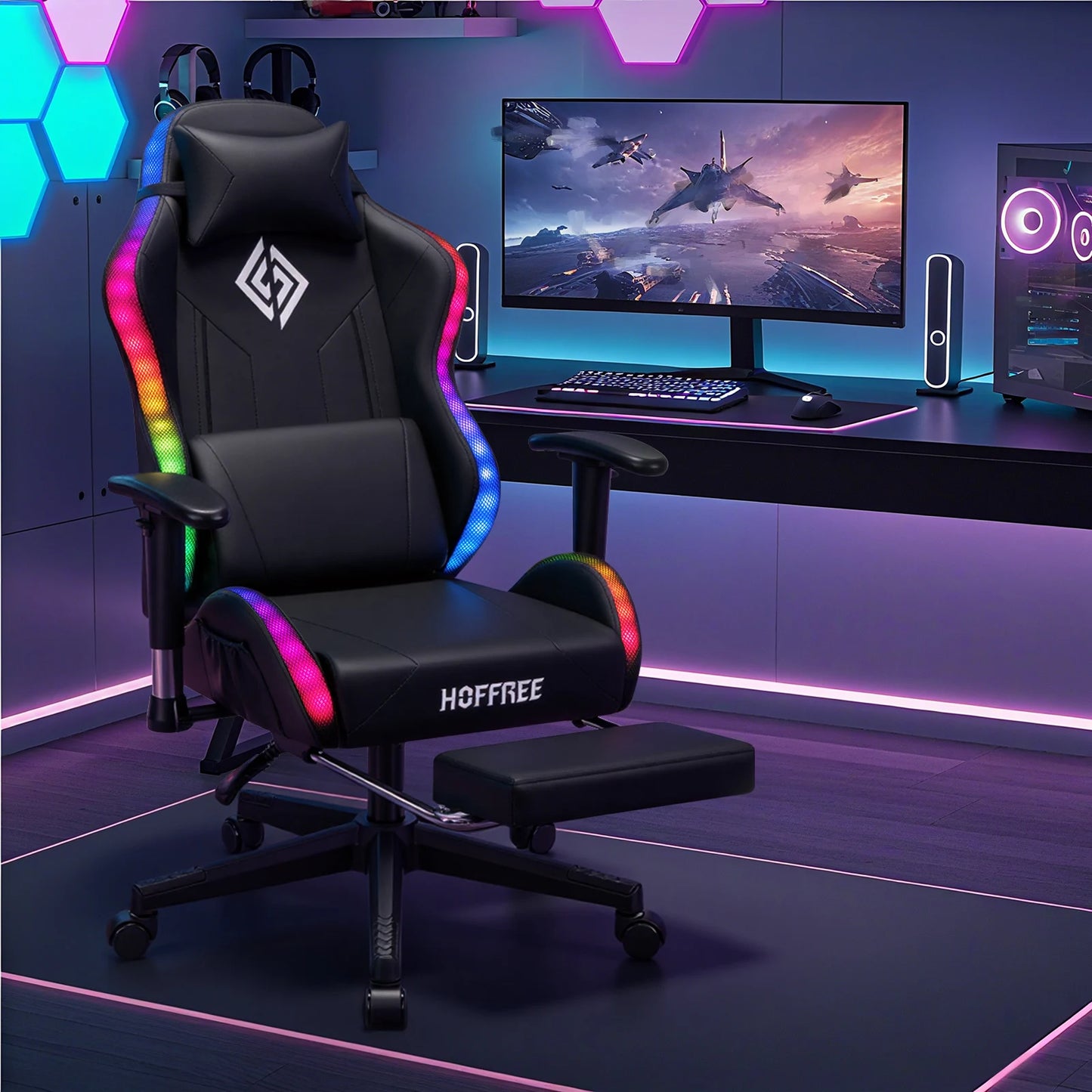 250Lbs Load LED Gaming Chair for Children 8-15 Years, Adjustable Gamer Chair with LED Lighting, Footrest & Lumbar Support