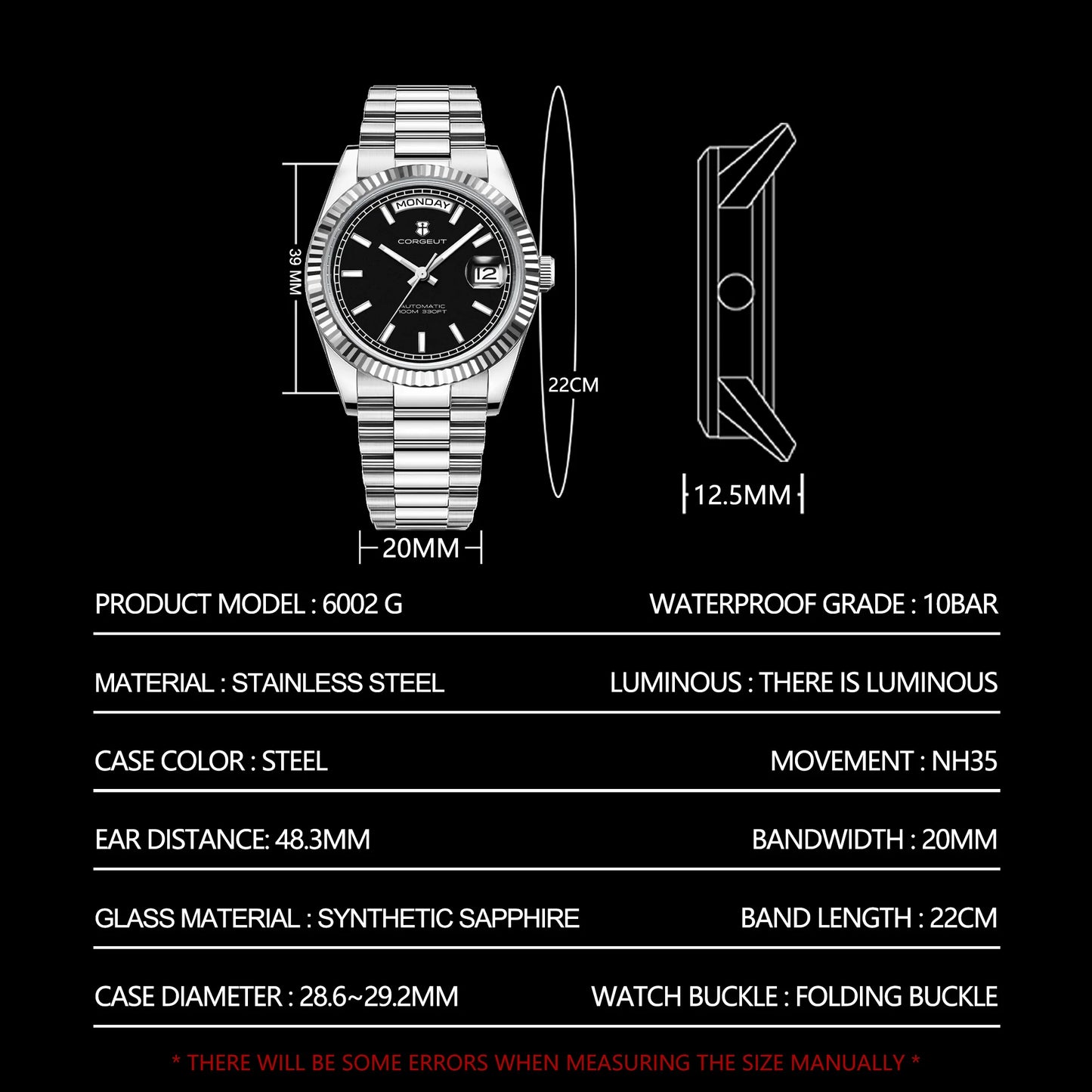Orologio meccanico da uomo CORGEUT NH36 con indicazione di giorno e data, bracciale President, cassa in acciaio, lunetta arcuata filettata, impermeabile