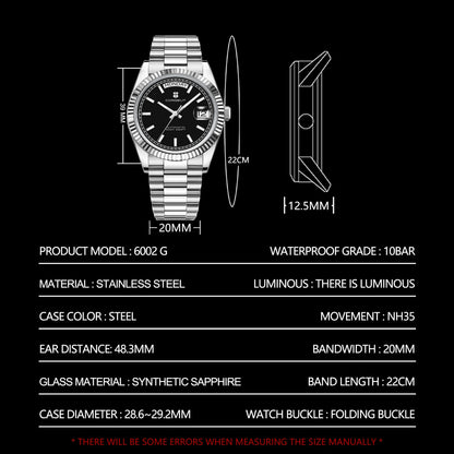 Orologio meccanico da uomo CORGEUT NH36 con indicazione di giorno e data, bracciale President, cassa in acciaio, lunetta arcuata filettata, impermeabile