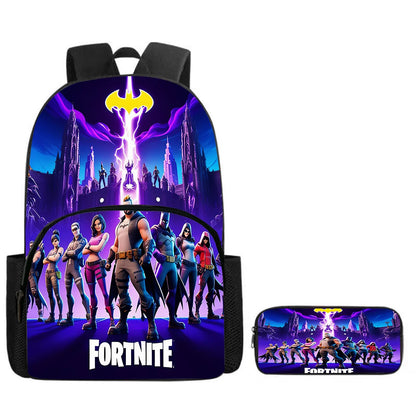 Fortnite Cartoon Backpack with Front Pocket & Pencil Case 2PCS - School Set for Boys Girls Age 5-8, Back to School Gift