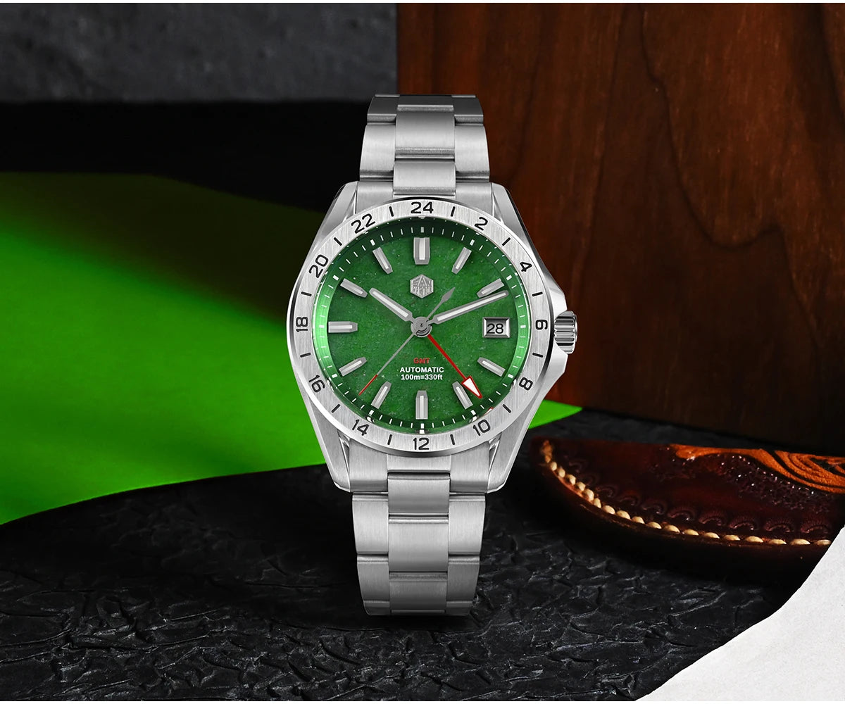 San Martin 39mm Aventurine Gemstone Dial Luxury Men's Watch NH34 GMT Automatic Mechanical Sapphire Waterproof Luminous SN0129