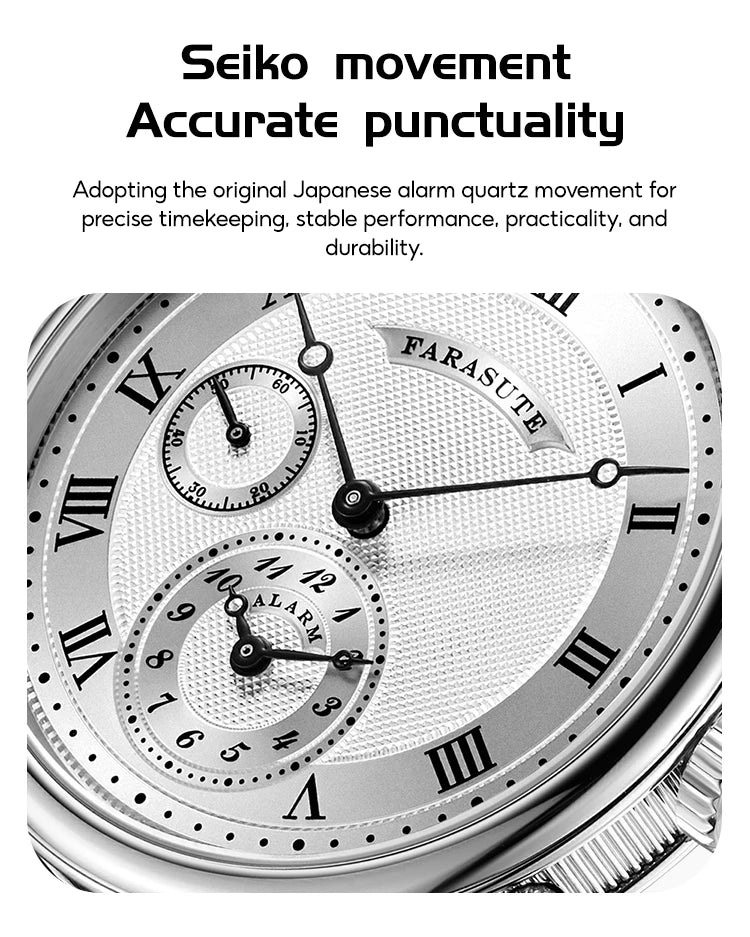 FARASUTE Retro Luxury Alarm Clock Quartz Watch Men Waterproof Night Light Wristwatch Casual Sapphire Stainless Steel Male Reloj