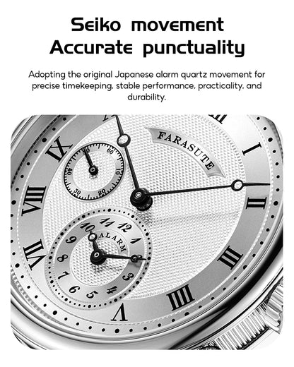 FARASUTE Retro Luxury Alarm Clock Quartz Watch Men Waterproof Night Light Wristwatch Casual Sapphire Stainless Steel Male Reloj