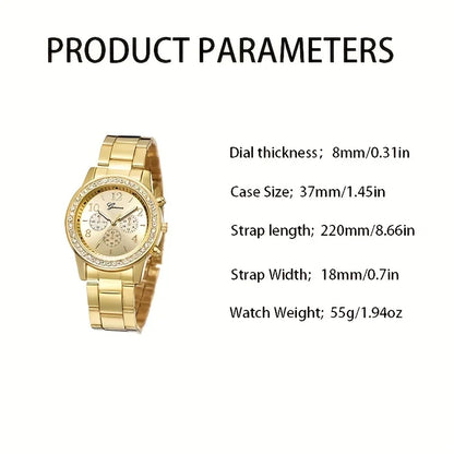 5PCS Quartz Watch Set Women Fashion Silver Round 3 Eyes Alloy Strap Wristwatch Gift Rhinestone Watch For Women Jewelry Set