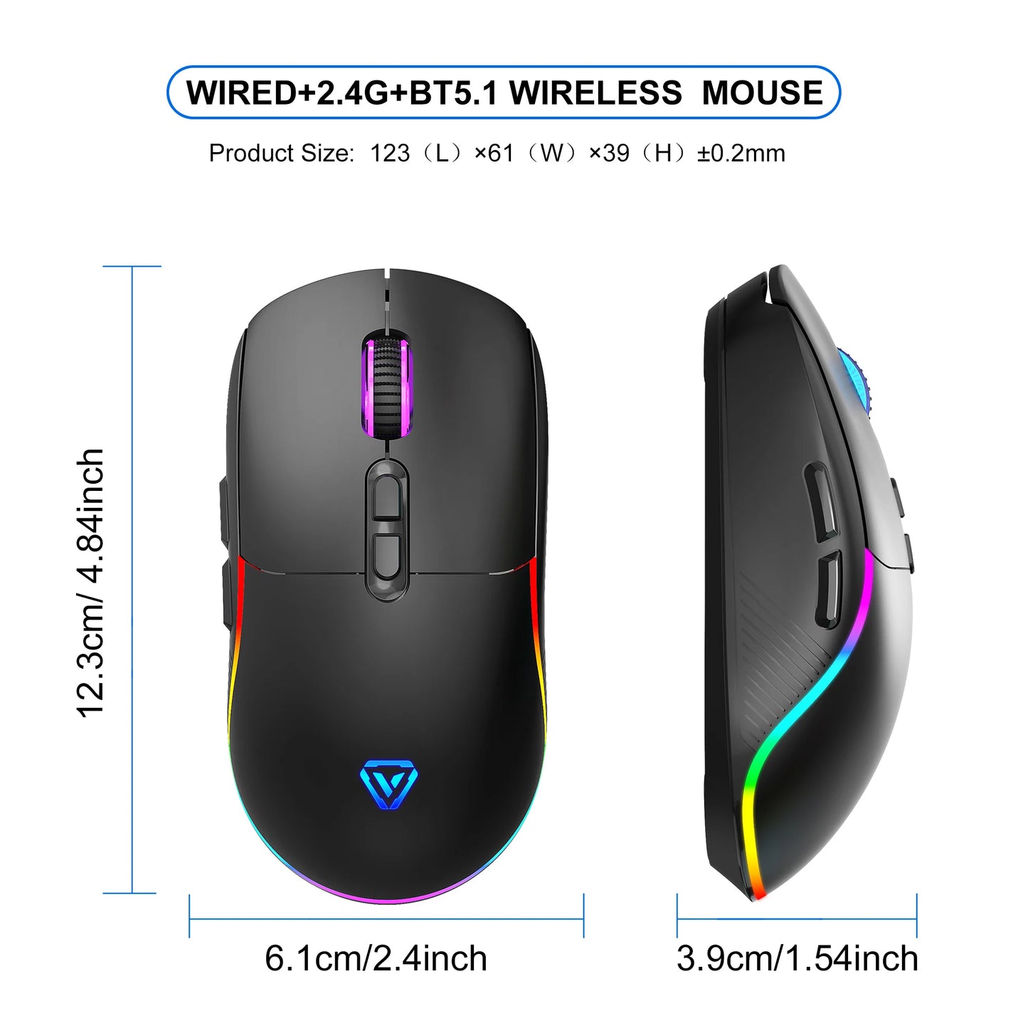Mouse tri-mod 2.4G wireless/Bluetooth/cu fir, DPI reglabil pe 6 trepte, baterie 500mAh, iluminare RGB, mouse esports pentru gaming, macro și birou