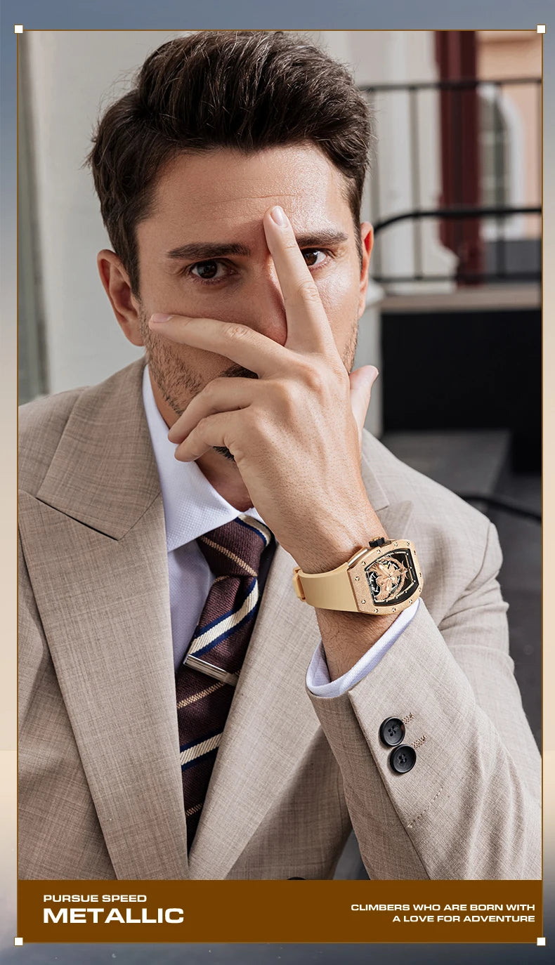 BONEST GATTI Luxury Men Hollow Automatic Mechanical Watches Tonneau Sapphire Crystal Luminous Hollow Eagle Dial Rubber Strapes