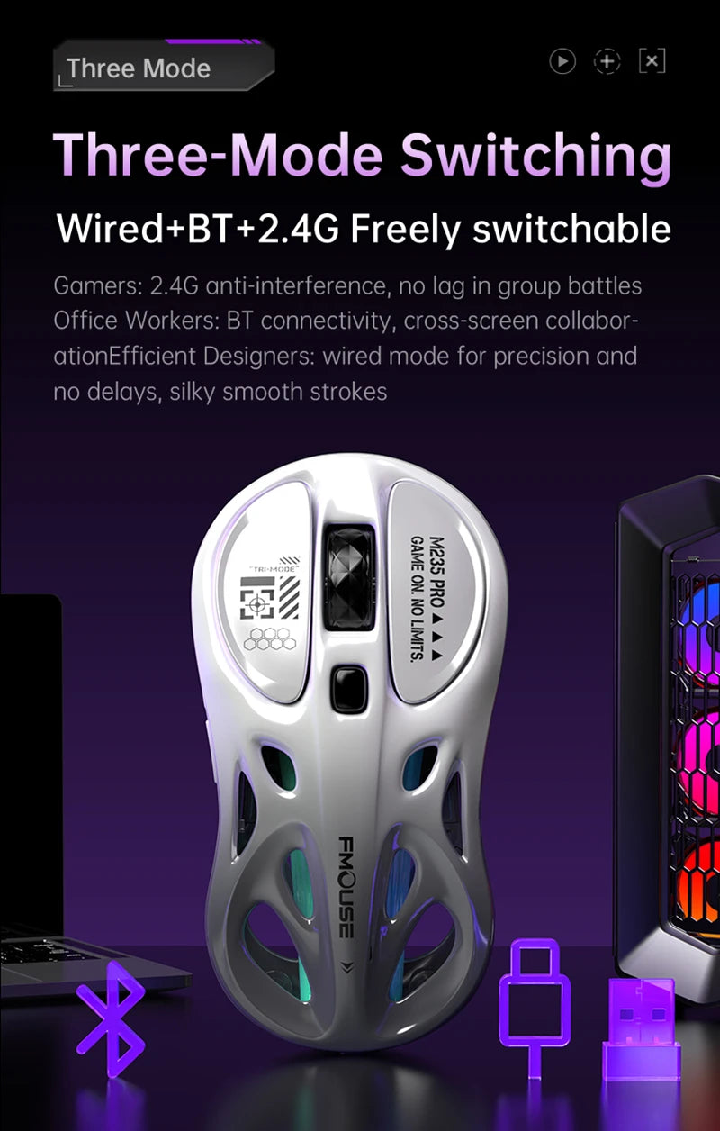 Kabellose 2.4G Tri-Mode RGB Gaming-Maus mit leichtem Hohl-Design, Chroma-Beleuchtung, kabelgebunden, Bluetooth, E-Sports-Maus-Controller