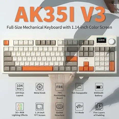 Ajazz AK35I V3 MAX 8000mAh battery Gaming mechanical keyboard Tri-mode Wired Bluetooth Wireless Hot-swappable TFT color screen