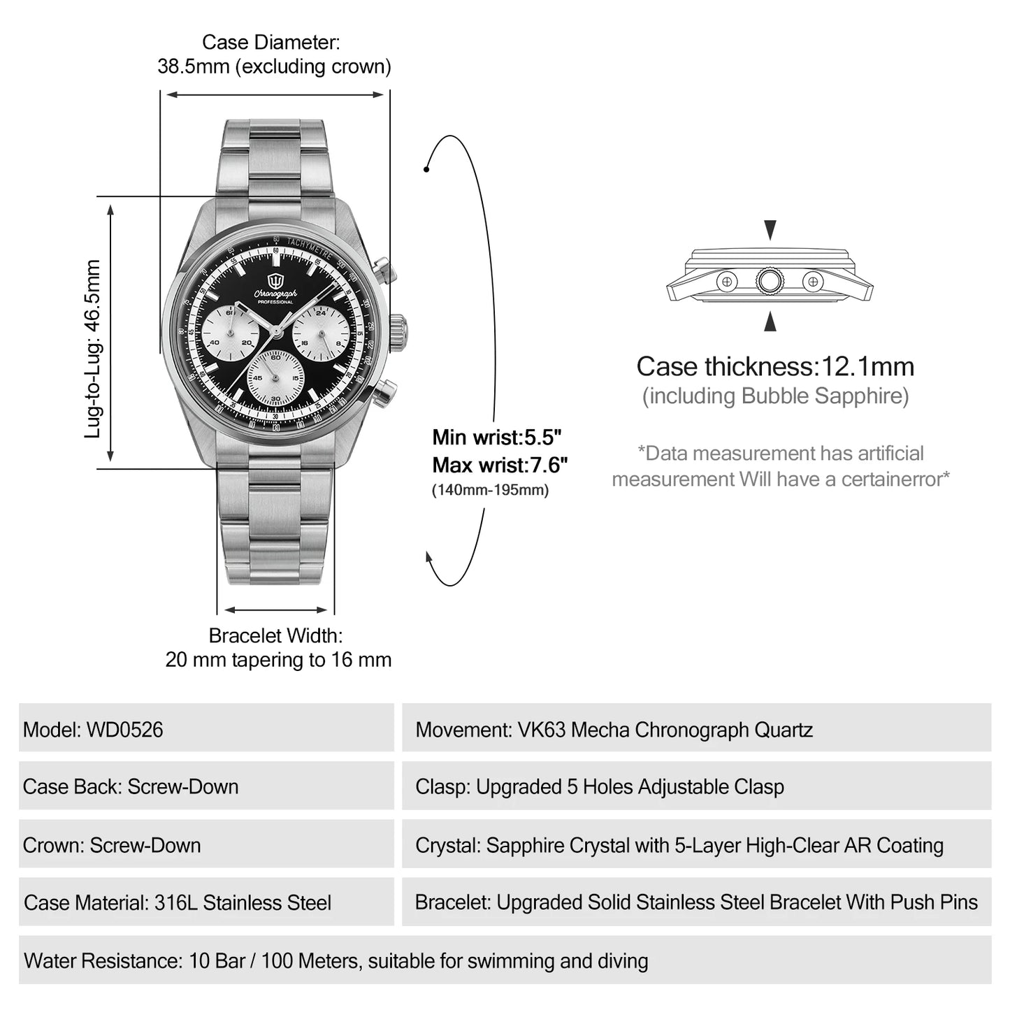 Watchdives Premier WD0526 Men Watch VK63 Mecha Chronograph Quartz Watches Sapphire Waterproof 316L Stainless Steel Wristwatch
