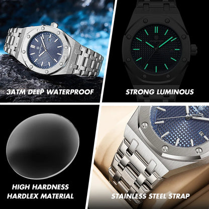 PAAZOMU Luxury Square Man Quartz Watch Waterproof Luminous Date Men's Watch High Quality Stainless Steel Business Men Watches