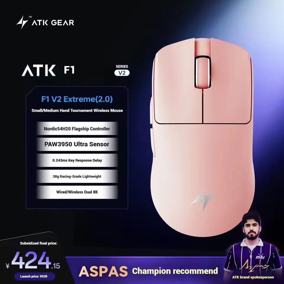 ATK Blazing Sky F1 V2 Ultra Max brezžična igralna miška z dvojnim načinom, lahka, PAW3950Ultra, dvojni 8K, nizka zakasnitev, ergonomska, Extreme