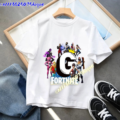 Fortnites Children T-shirts Game Cartoon Print Letter A-Z Fortress Night Tees Game Short Sleeves Tops Summer Boys Girls Clothes