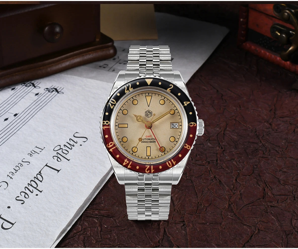 San Martin 40mm SN0005 Retro GMT NH34 Automatic Distressed Patina Dial Bi-color Sapphire Bezel Jubilee Mens Watches 20Bar Lume