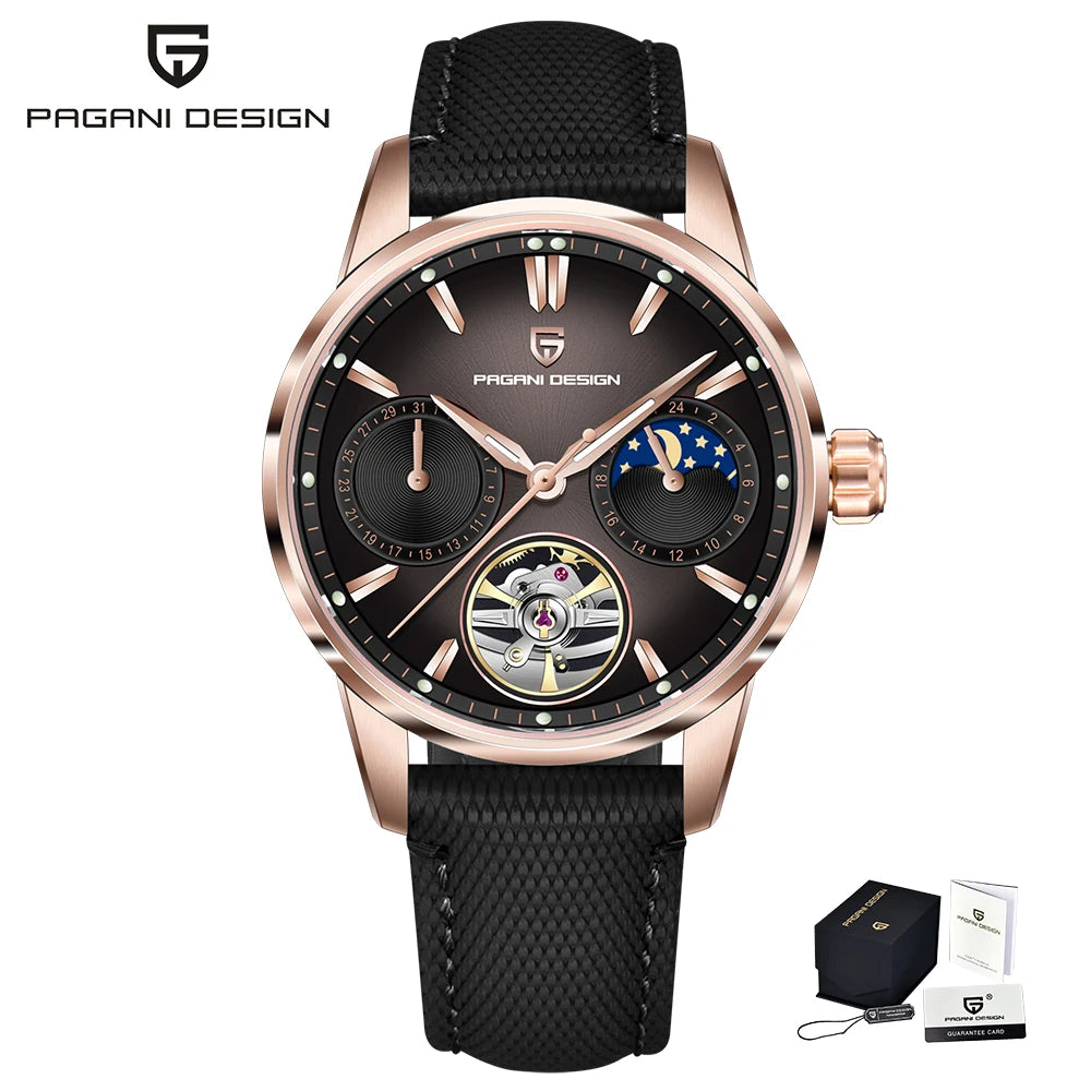 PAGANI DESIGN – luksuzni mehanički sat za muškarce, 41 mm, safirno staklo, kožni remen, vodootporan, u pilotskom stilu, s turbiljonom i fazama mjeseca