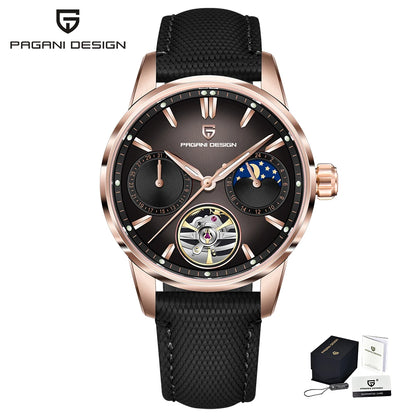 PAGANI DESIGN – luksuzni mehanički sat za muškarce, 41 mm, safirno staklo, kožni remen, vodootporan, u pilotskom stilu, s turbiljonom i fazama mjeseca