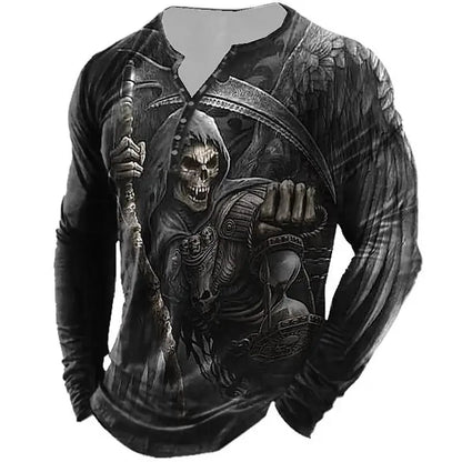 Autumn Skull Henley Shirt 3D Print Streetwear Men's Fashion Vintage Long Sleeve Button T Shirt Men's T Shirt Tops Clothing