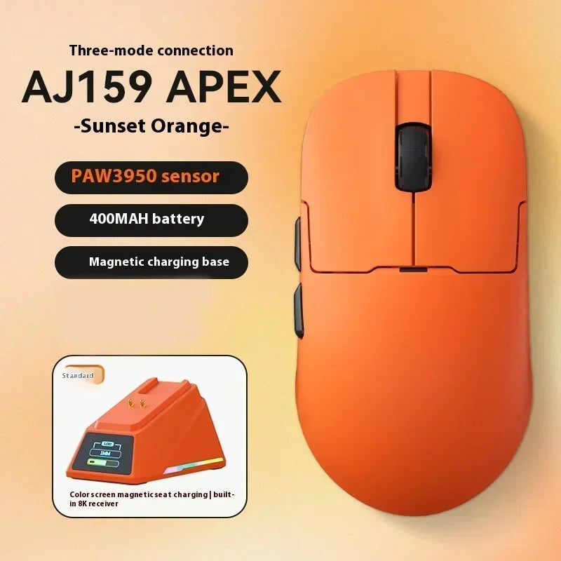 Rato Gaming Sem Fios AJAZZ AJ159 APEX Tri-Mode 8K, Sensor PAW3950 de Baixa Latência, Base de Carregamento, Personalizável, Leve, para PC Gamer