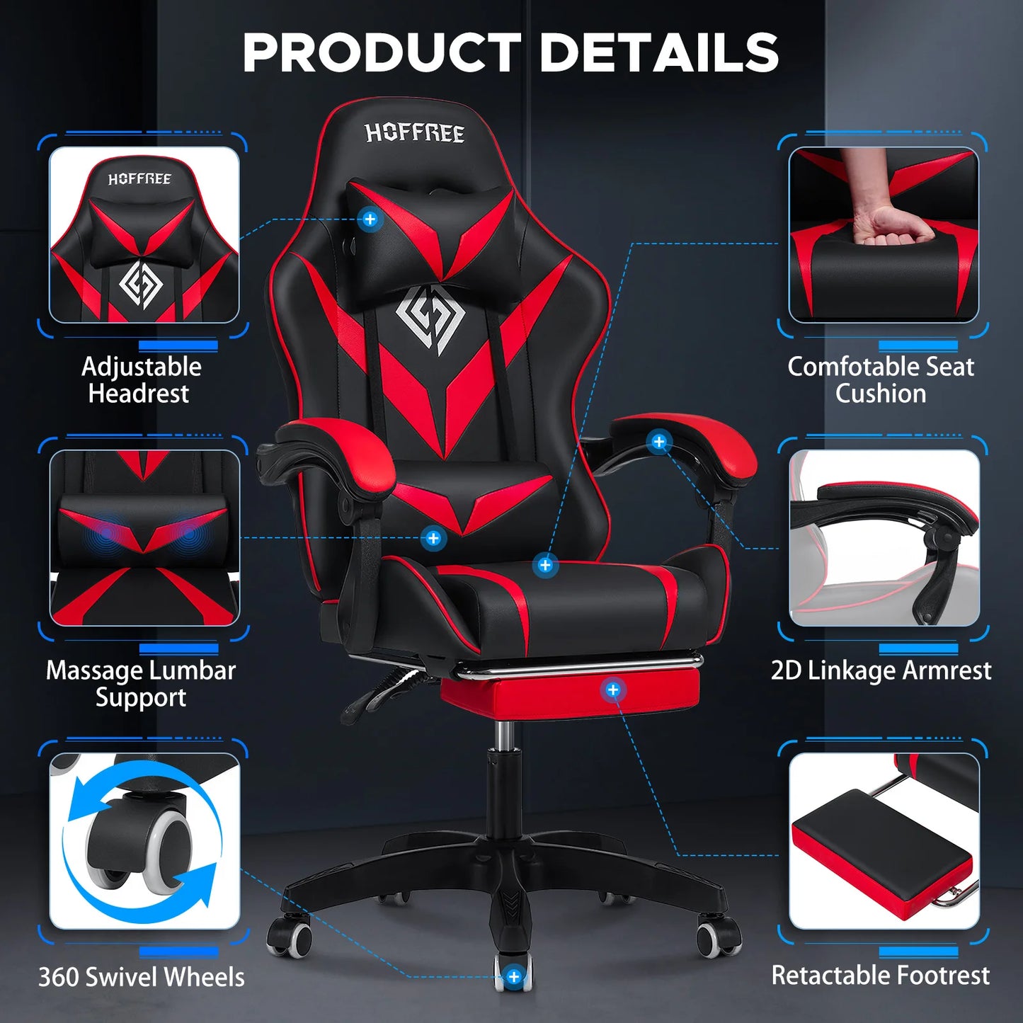 400Lbs Load Gaming Chair with Massage Ergonomic Computer Chair Footrest and Lumbar Support Reclining PC Chair Adjustable Armrest