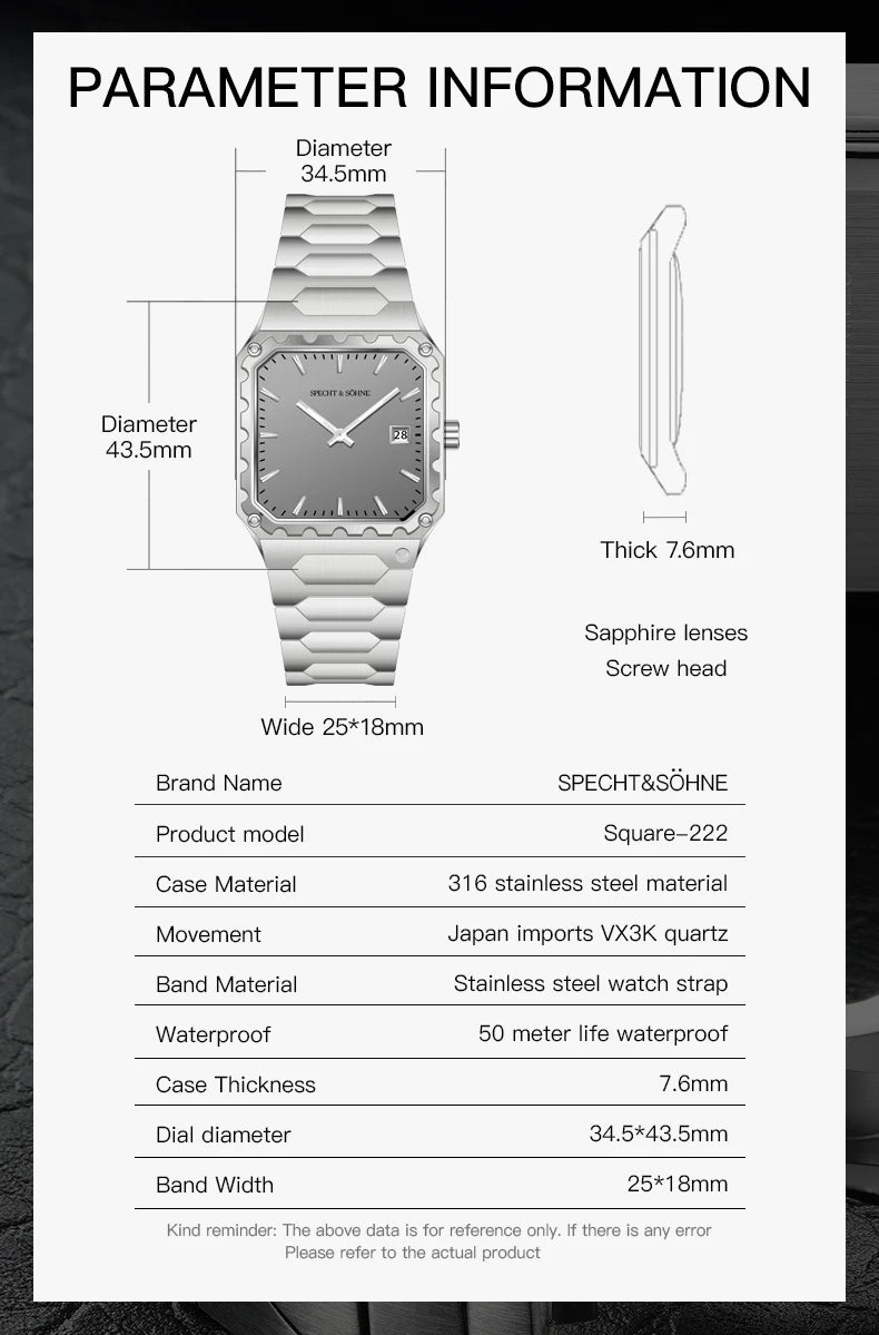 Specht & Söhne New Luxury Square 222 Watch Waterproof Male Clock Luminous Sapphire Stainless Steel Blue Men Watch Reloj Hombre
