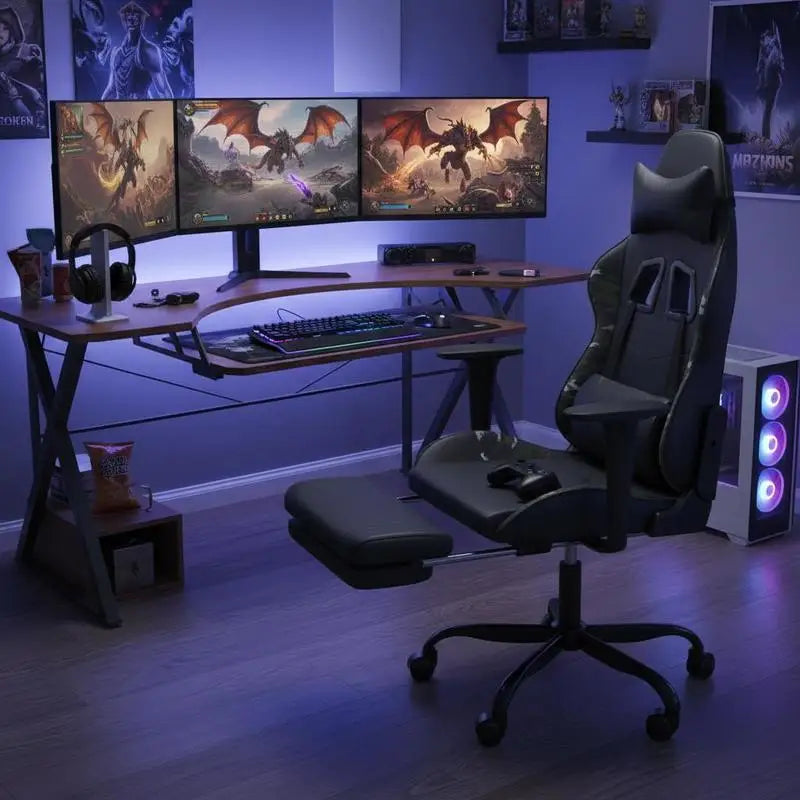 Gaming Chair with Footrest Black and Camouflage 66X56X120.5-131 cm in Imitation Leather, Reclining 360° Swivel Can Carry 110 kg