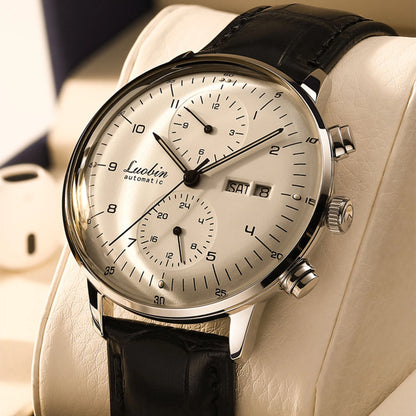 Men's Business Watch Mechanical Movement Multifunction Chronograph Stainless Steel Waterproof Automatic Calendar Sapphire