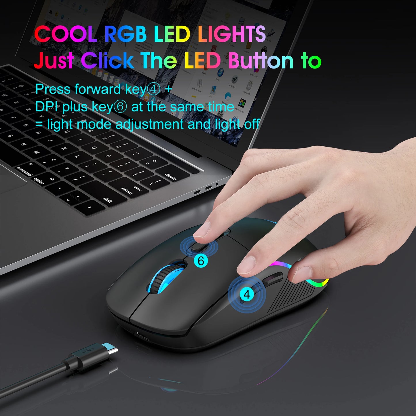 Mouse tri-mod 2.4G wireless/Bluetooth/cu fir, DPI reglabil pe 6 trepte, baterie 500mAh, iluminare RGB, mouse esports pentru gaming, macro și birou