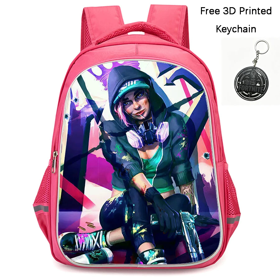 FORTNITE 16-inch Durable Lightweight Backpack, Dual Zipper Pockets, Cartoon Style for Boys & Girls Ages 6-10, Free 3D Printed Keychain