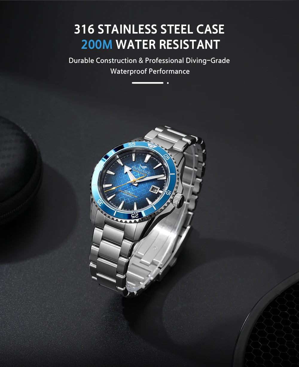 BORIAGE Fully automatic mechanical diving watch, 200m Water Resistance Miyuda 9015 movement men's watch