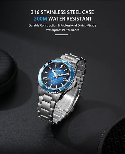 BORIAGE Fully automatic mechanical diving watch, 200m Water Resistance Miyuda 9015 movement men's watch