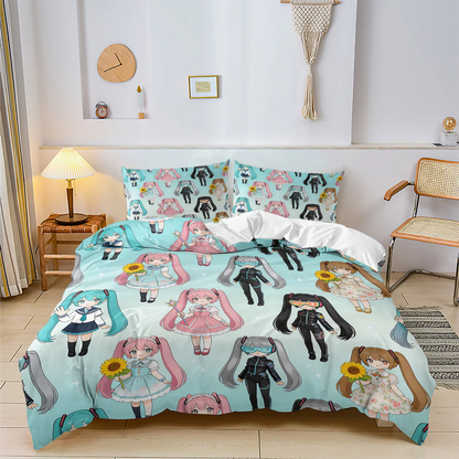 Hatsune Miku Chibi Style påslakanset – Söt anime-sängklädsel med örngott – Spelrum – Tonåringars och barns sovrumsinredning – Present till fans