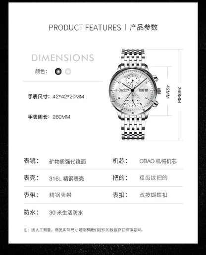 Men's Business Watch Mechanical Movement Multifunction Chronograph Stainless Steel Waterproof Automatic Calendar Sapphire