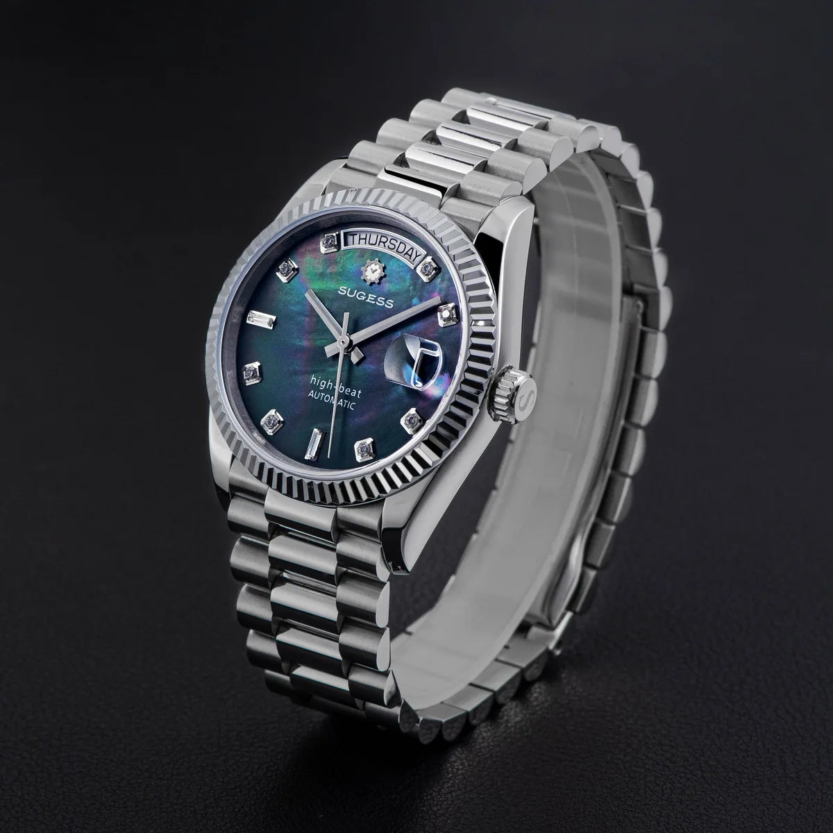 Sugess 36mm Mens of Watch Automatic Dandong Peacock SL3034 Day Movement Sapphire Glass 100m Waterproof Wristwatches MOP Date New