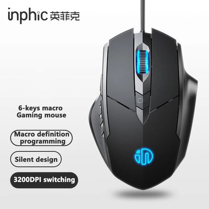 Drátová myš Inphic W1 – e-sportovní herní myš, tichá kancelářská myš, volitelně se třemi nebo šesti tlačítky