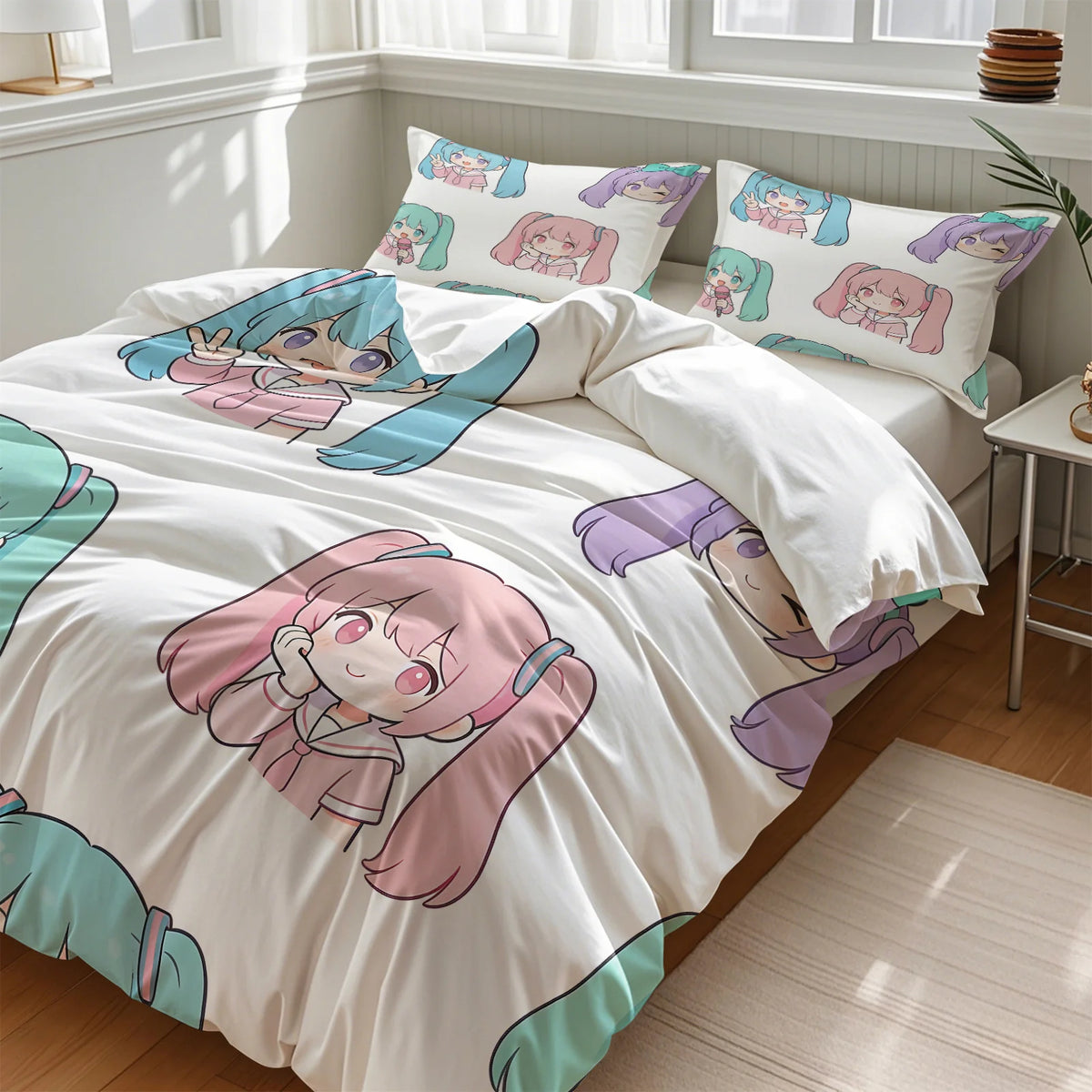 Hatsune Miku Chibi Style påslakanset – Söt anime-sängklädsel med örngott – Spelrum – Tonåringars och barns sovrumsinredning – Present till fans