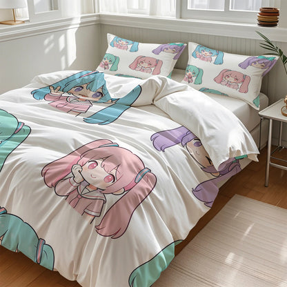 Hatsune Miku Chibi Style påslakanset – Söt anime-sängklädsel med örngott – Spelrum – Tonåringars och barns sovrumsinredning – Present till fans