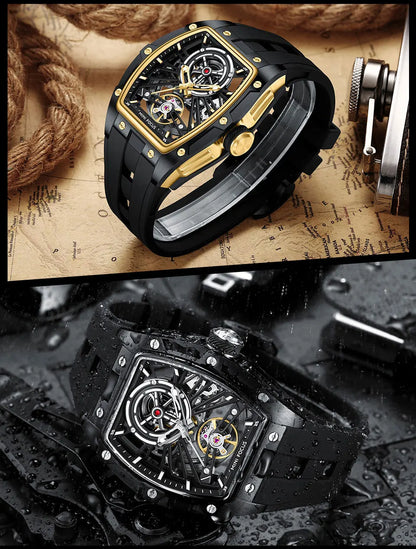 MINI FOCUS Orologio da polso da uomo fashion nero impermeabile, automatico meccanico, con lancette luminose, cinturino in silicone e quadrante tonneau