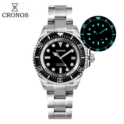 Cronos Automatic Diving Watch Stainless Steel 2000 Meters Water Resistance Professional Diver PT5000 SW200 Miyota9015 90S5 L6027M