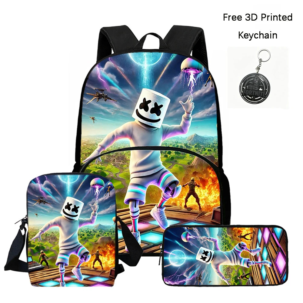 FORTNITE 3-teiliges Schulrucksack-Set, Umhängetasche mit Fronttasche und Federmäppchen, für Jungen und Mädchen von 5–10 Jahren, leicht, mit kostenlosem 3D-bedrucktem Schlüsselanhänger