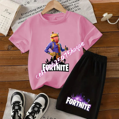 2026 New Fortnite Kids Pure Cotton Short-Sleeved Set with Cartoon Print Boys' Sport Shirt Casual Top Summer T-Shirt 2 Pieces