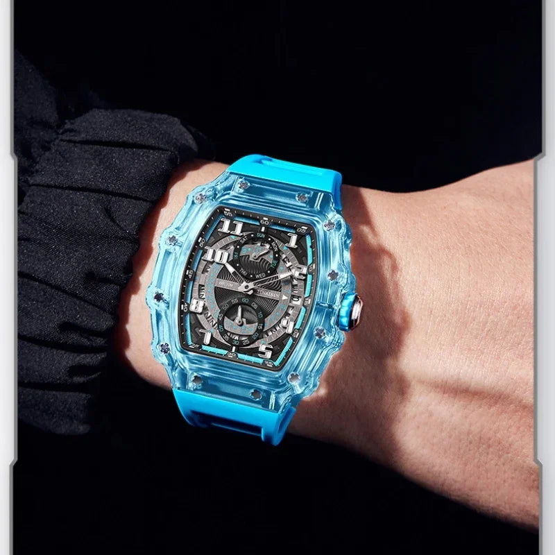 Unique Blue Fashion Brand Men's Watches Silicone Strap Waterproof Out Door Sport Military Watches for Men Multi Function Luxury