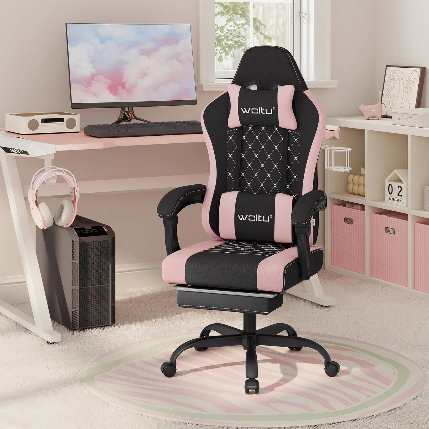 WOLTU Swivel Computer Chair with Massage Function Ergonomic Office Chair with Pillow & Footrest Height Adjustable Gaming Chair